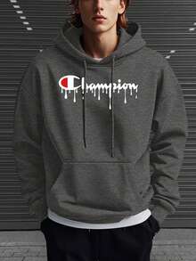 Men Graphic Hoodies | Champion Logo With Drip Effect Men's Fashion Hoodie | Fleece Lined Fabric, Winter Warm Hooded Sweatshirt | Gift For Husband/Boyfriend | Unisex - 灰色 - 查看 2