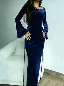 Elegant Velvet Long Sleeve Bodycon Maxi Dress With Drawstring Sides – Elegant Black Evening Gown,Valentine Dress Spring - Navy Blue - View 1