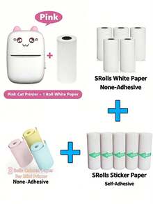 1 Printer + 13 Rolls Of Paper Set, Mini Pocket Photo Printer, Portable Inkless Thermal Printer, 57mm: With Adhesive Paper, Wireless Bluetooth Printing 200dpi, Pink - Pink - View 10