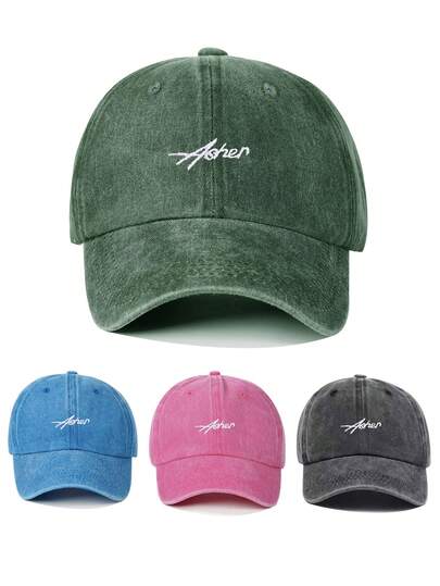1pc Unisex Asher Letter Embroidered Washed Denim Baseball Cap, Vintage Casual Streetwear, Polyester, Suitable For Outdoor Sports, Travel, And Daily Wear
