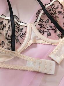 3-Piece Women's Sexy Lingerie Set Floral Embroidery Adjustable Straps Push-Up Bras With Thong With Bow Knots Garter Sheer Mesh Unerwire Suit Suitable For Bedroom Nightwear Homewear Honeymoon Anniversary Valentine's Day - 杏色 - 查看 7