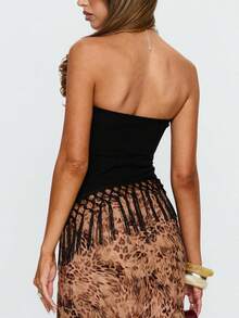Awevudst Women's Strapless Fringe Trim Crop Top Asymmetrical Hem Tube Top With Macrame Detail - 黑色 - 查看 4