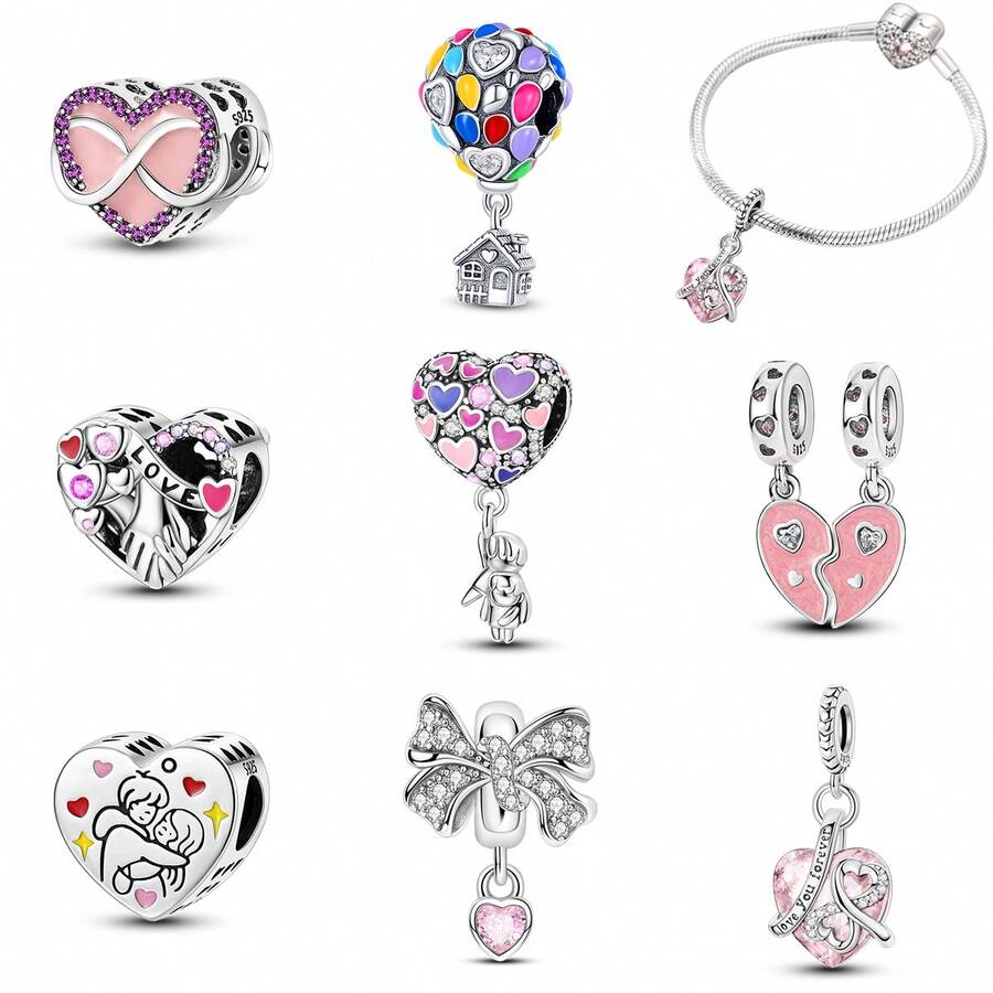 1 件装时尚心形闪亮珠子吊坠，镀银，适合手链项链 DIY 节日礼物 - 彩色 - 查看 1