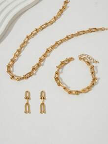 3pcs/Set European & American Ins-Style Influencer Jewelry - U-Shaped Horseshoe Pendant Necklace, Bracelet, And Earrings - Gold - View 4