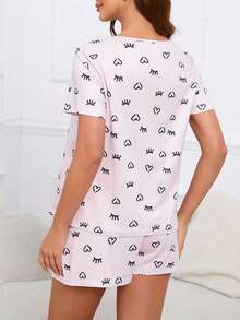 Conjunto de 2 piezas para mujer en lactancia que incluye top de cuello redondo y pijama informal y cómodo con estampado lindo para maternidad, primavera - Rosa - Ver 3