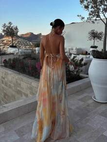 Vacation Outfits Women Summer Dresses For Women Halter Sleeveless Long Dress Watercolor Print Halter Neck Maxi Dress – Sleeveless Flowy Chiffon Backless Gown For Beach Vacation Wedding Guest Summer Party Outfit - 圖片色(25171) - 查看 4