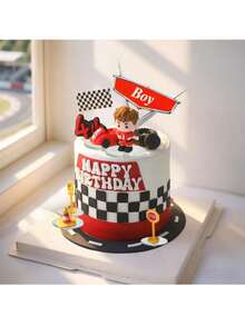 20件套赛车蛋糕装饰套装，包括汽车蛋糕插牌、赛道装饰、红色赛车、可爱赛车手、赛车标志和黄色路障，适用于汽车主题生日派对、洗礼派对、性别揭晓派对等。（请搭配托盘使用，切勿直接接触蛋糕） - 彩色 - 查看 2