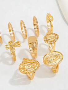 10pcs Exaggerated Rhinestone Crown & Cross Punk Fashion Finger Rings, Suitable For All Occasions, Great Gift Choice - 金色 - 查看 8