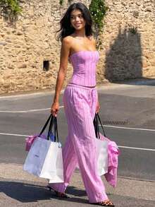 Women's Elegant Pink Striped Drawstring Wide Leg Pants, Chic Casual Vacation Pants - Pink - View 6