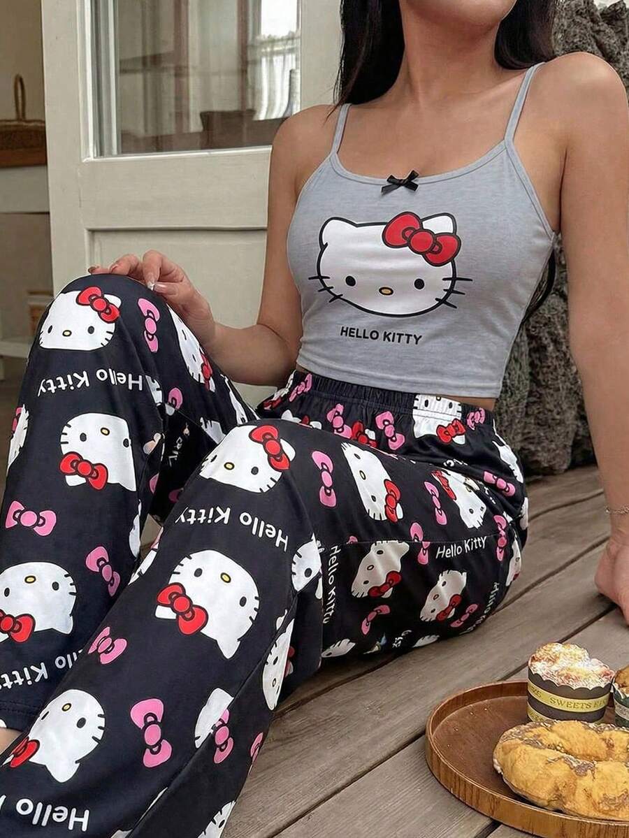 SANRIO 2件/組 女款可愛印花舒適吊帶上衣 + 長褲套裝,吊帶背心舒適適用於春、夏、秋季 - 灰色 - 查看 1