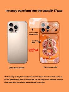 1pc Customizable Text & Letter Design Phone Case With Pink Sakura Scroll Pattern & Hollow Details, Made Of Tempered Glass, Suitable For IPhone 17 ProMax/17 Air/15/16 Pro/14 Plus/13 Pro/12 Pro Max/11 Models, Tempered Glass Camera Protection, Tempered Glass Back Cover, Large Window Phone Protective Case, Best Gift For Friends And Family - Orange - View 9