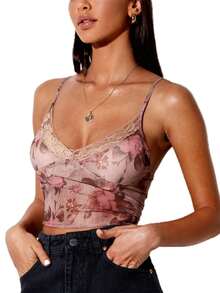 Awevudst Women's Floral Print Mesh Cami Top,Lace Patchwork Sleeveless V Neck Spaghetti Straps Crop Tank Top Party Clubwear Going Out Outfits - Hồng - Xem 3
