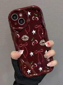 蝴蝶结领结奶油色漩涡波浪边酒红色简约防震加厚手机保护壳，带印花，兼容 17/17 Pro/17 Pro Max、16 XR/7/8、15 Pro Max、12 Pro Max、13 Pro Max、14 Pro Max、13、14、11、12P、14P、11P、12P、XS、XR、7/8P、7/8 GES2，手机壳 - 彩色 - 查看 4