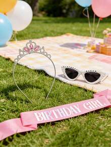3pcs Birthday Girl Accessories Set, Including Pink Glitter Birthday Queen Belt, Headband, Suitable For Women, Princess Party Decorations Birthday Gift - Crown Headband Set - View 4