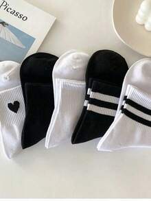 5 Pairs Striped & Heart Print Sports Over-The-Knee Socks, Autumn - Multicolor - View 3