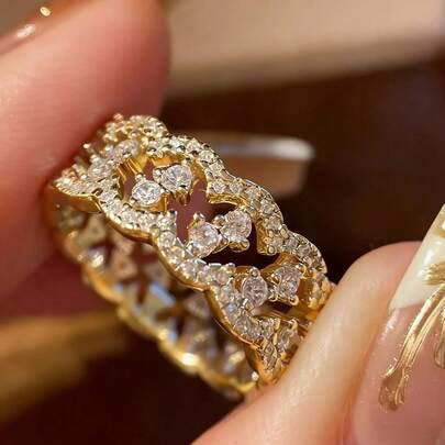 2026 : Hollow Heart CZ Ring | Gold Tone Stackable Ring | Y2K & Vintage Aesthetic Accessory, No Gift Box