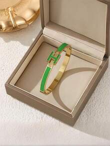 1pc 18K Gold Plated Enamel Letter H Bracelet, Stainless Steel Couple Bangle, Best Gift For Women On Valentine's Day, Mother's Day, Christmas, Graduation, Wedding (No Gift Box) - Letter H - View 14