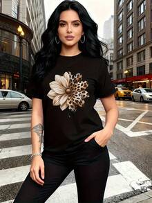 Women's Leopard Print T-Shirt - Short Sleeve, Round Neck, Casual Blouse Summer Top | Machine Washable & Versatile For Travel, Vacation, Casual Wear | Non-Care Print T-Shirt 10557-X - Black - View 2