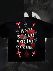 Anti Social Club Graphic Cropped T-Shirt For Boys And Girls Men, Women All Ages Family T-Shirt Letter New Streetwear Clothing Harajuku T-Shirt Cotton Half Sleeve Tee, Y2K Style Casual Cotton Classic Crewneck Design Tee - Black - View 3