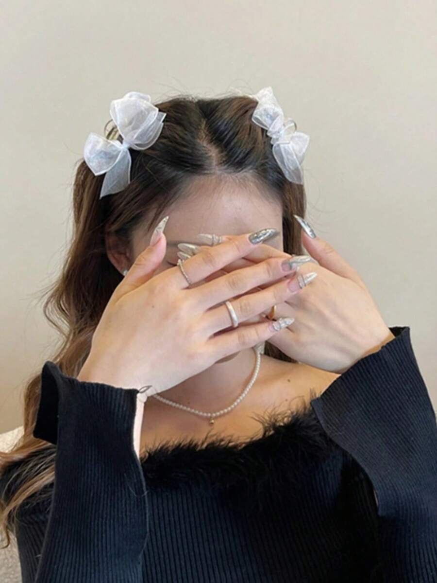 2件装 2023新款网状蝴蝶结刘海夹 - 白色 - 查看 1