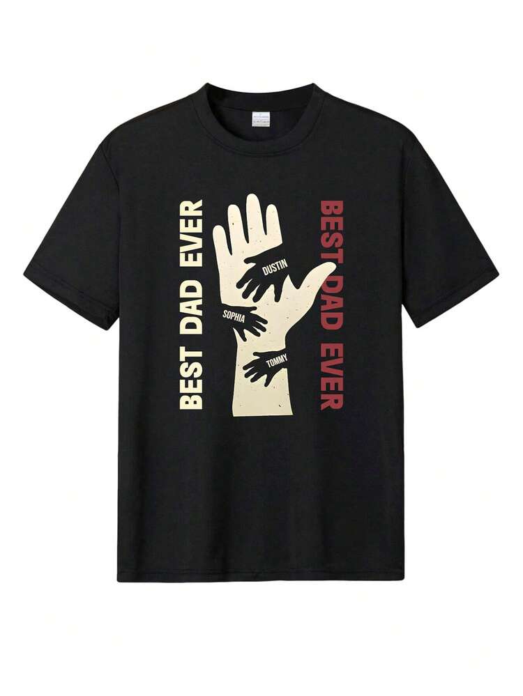 Customized Casual Loose Fit Round Neck T-Shirt For Men - Add Your Own Text - Design Your Unique Printed Tee With A Warm Design Of A Big Hand Holding A Small Hand. Print The Child's Name On The Small Hand As A Unique Expression Of A Father's Love. Also Provides Text/Name And Heartwarming Father's Day Gift. Sports - Black - View 2