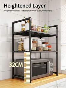 3-Tier Expandable Microwave Oven Rack, Metal Microwave Stand With Hooks, Bread Shelf, Adjustable Kitchen Storage Rack, Black 3-Tier - Multicolor - View 2