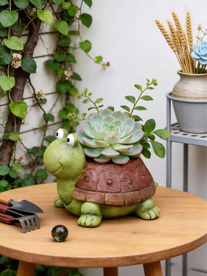 1pc Hand-Painted Resin Turtle Succulent Planter, Decorative Animal Flower Pot For Indoor Plants, Cacti, Herbs, Bonsai, Ideal For Desk, Windowsill, Balcony, Patio, Garden, Bedroom & Office, Cute Tortoise Design, Drainage Hole Included, Weatherproof Resin Craft, Perfect Gift For Plant Enthusiasts & Home Decor Lovers