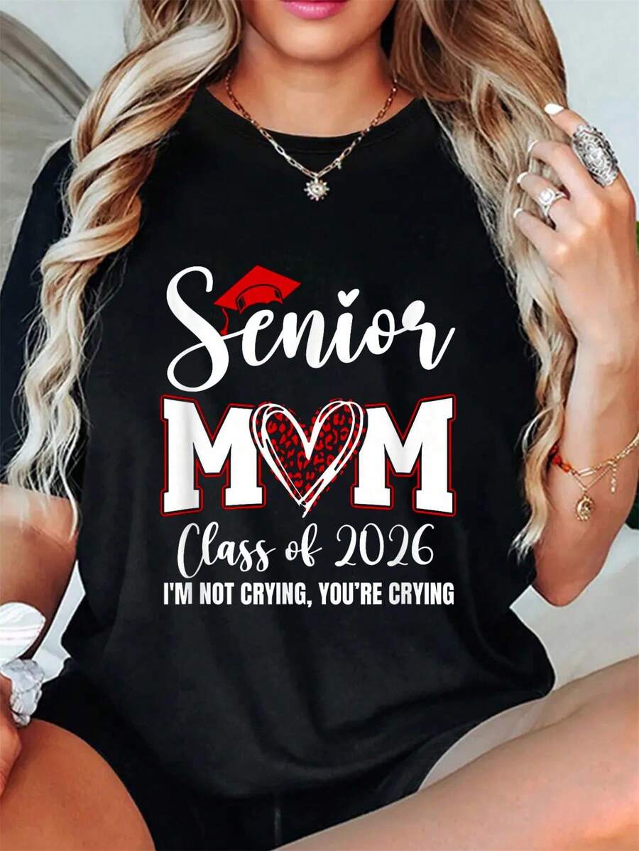 Camiseta de leopardo para mamás de último año de la generación 2026, camisetas de verano, top informal de manga corta y cuello redondo para verano y primavera, ropa para mujer. - Negro - Ver 1