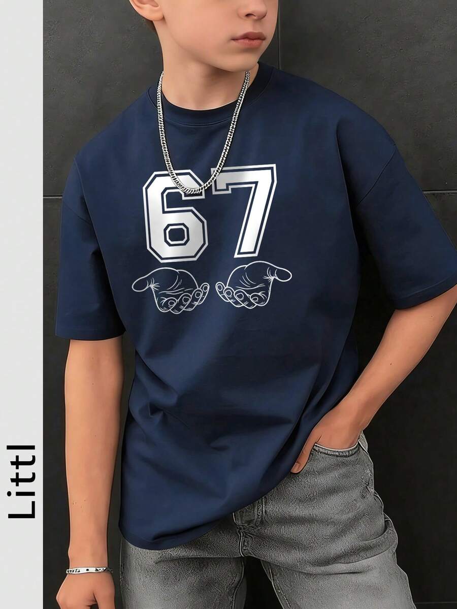 Tween Boys Casual Printed Crew Neck Short Sleeve T-Shirt, Summer Top - Navy Blue - View 1