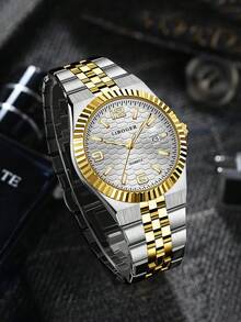 BERGCOZ Round Quartz Watch For Men, Casual & Fashionable, Suitable For Daily Wear, Birthday Gift, Party, Holiday Gathering, Ideal Gift For Yourself Or Friends. No Packaging Included. - V303-golden White - View 3