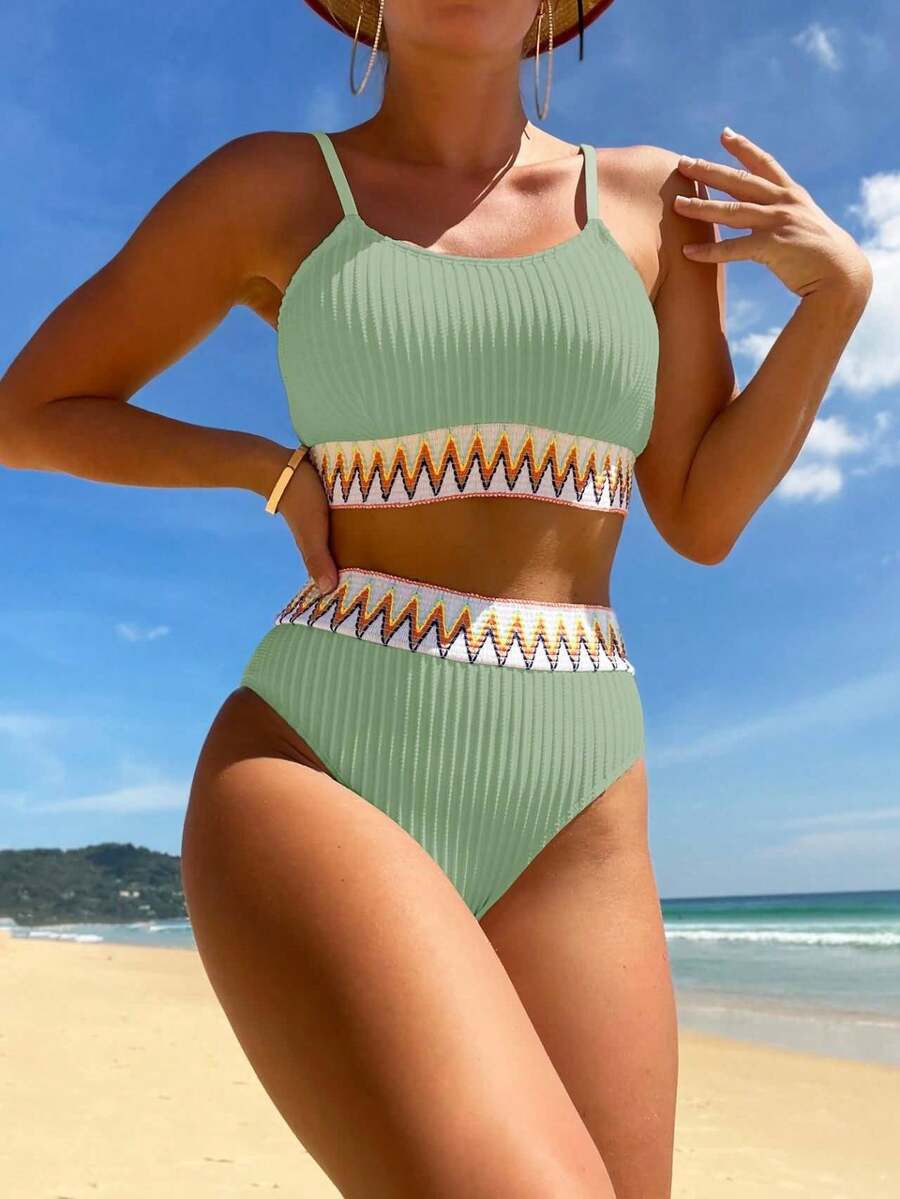 Women's Solid Color Special Jacquard Fabric Paired With Woven Vest Style Bikini Two Pieces Set Paired With High Waisted Swim Trunks - Mint Green - View 1