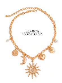 1件时尚波西米亚风日月心形多元素项链，金属仿珍珠金色吊坠项链，适合女性日常、派对、节日、度假佩戴，日常礼物、珠宝礼品 - 金色 - 查看 7