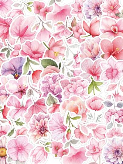 50张粉色花卉主题乙烯基贴纸套装，柔软的花朵图案，适合成人装饰笔记本电脑、水瓶、滑板、行李箱等，精致的樱花、牡丹和芙蓉设计，为日常用品和日记本增添温柔柔美的气息，粉彩色调图案，个性化个人物品，展现柔美品味。