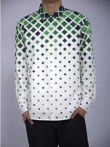 Men's Bohemian Style Long Sleeve Casual Shirt - Green & White Geometric Pattern, Polyester Fabric, Button Collar, Machine Washable, Suitable For Spring & Autumn - Green - View 2