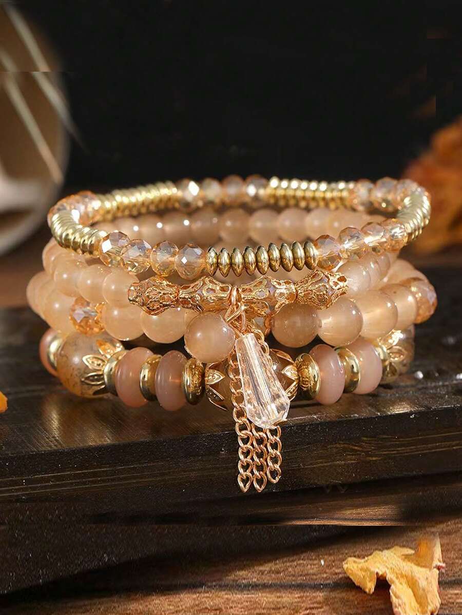 1pc Crystal Glass Bohemian Style Beaded Bracelet Set - Coffee - View 1