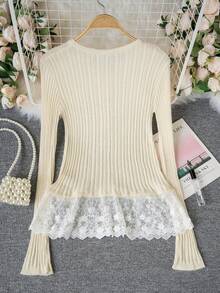 甜美修身V领针织开衫，优雅春夏外套 - 杏色 - 查看 7