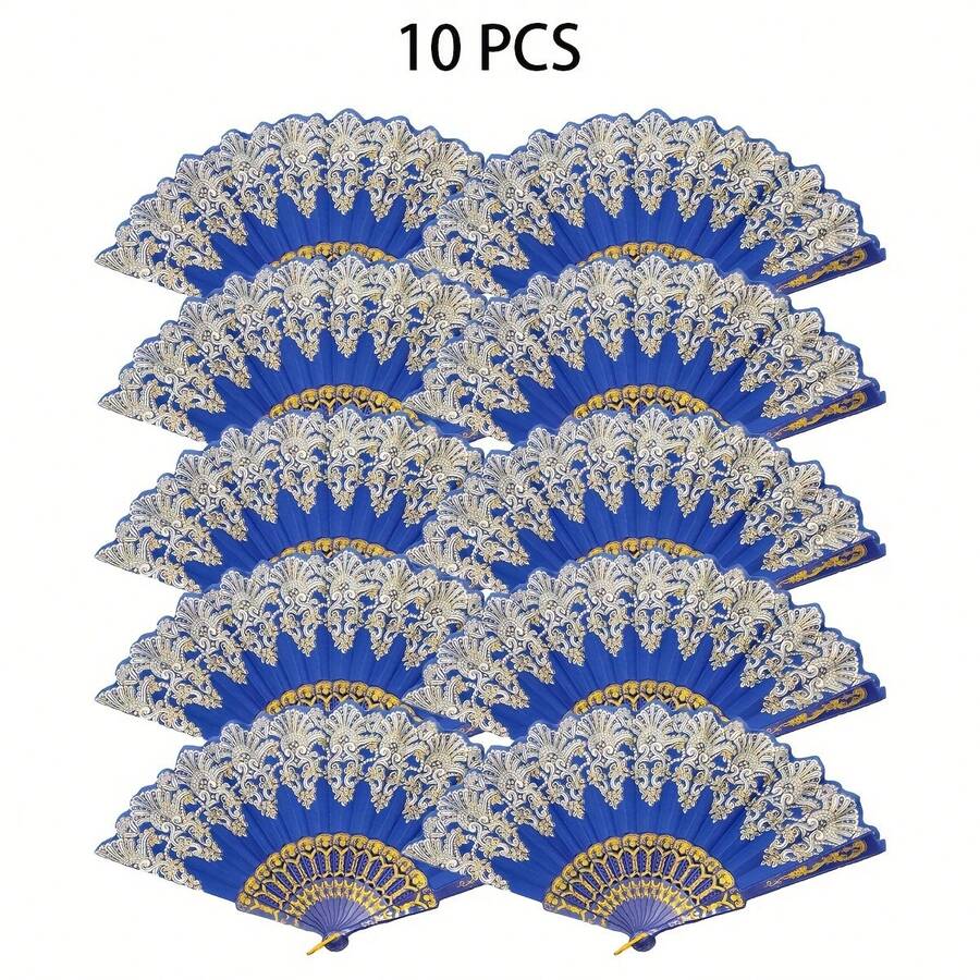10pcs Spanish Folding Hand Fan, Suitable For Women-Elegant Retro Flower Design, Light And Portable, Suitable For Parties, Weddings, Mother's Day And Special Occasions, Party Accessories, Wedding Accessories, Decorative Fans, Exquisite Fan Design - Xanh-A - Xem 1