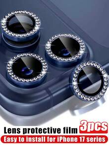 Blue Alloy 3pcs Diamond Camera Lens Protector Fit For IPhone 17 Pro/17 Pro Max Camera Lens Protector Shiny Design Fit For 17/16 Pro Max/15 Pro Max/14 Pro Max/13 Pro Max/12 Pro Max/12 Pro/11 Pro Max 9H Tempered Glass Camera Lens Cover With Metal Decorative Ring Accessory Diamond Blue Spring Gift Birthday Party - Navy Blue - View 1