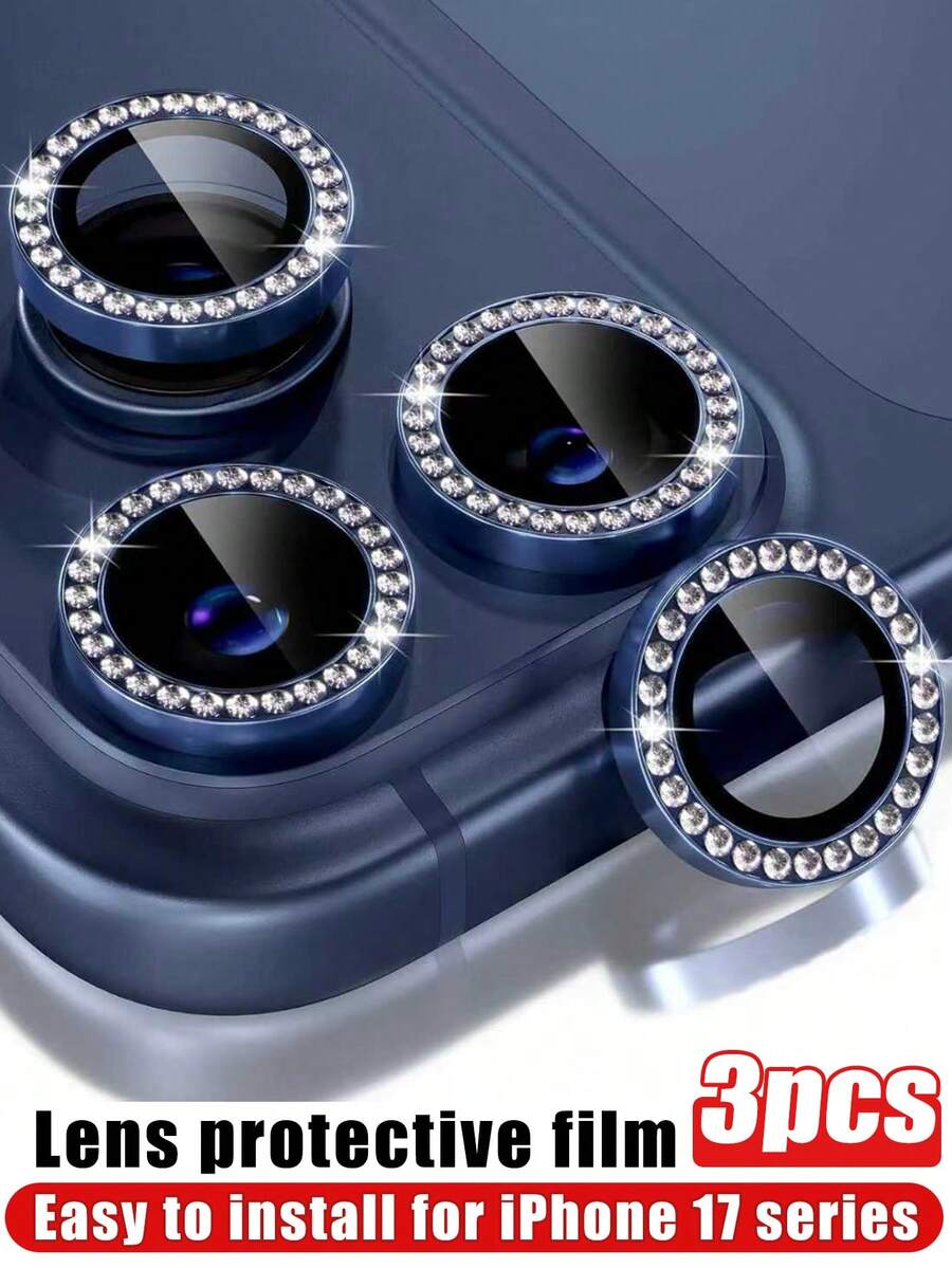 Blue Alloy 3pcs Diamond Camera Lens Protector Fit For IPhone 17 Pro/17 Pro Max Camera Lens Protector Shiny Design Fit For 17/16 Pro Max/15 Pro Max/14 Pro Max/13 Pro Max/12 Pro Max/12 Pro/11 Pro Max 9H Tempered Glass Camera Lens Cover With Metal Decorative Ring Accessory Diamond Blue Spring Gift Birthday Party - Navy Blue - View 1