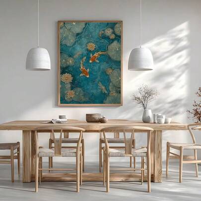 1 pieza Cartel de lienzo con pez koi japonés azul y dorado, flor de loto, arte abstracto zen, estilo japandi, impresión de arte de pared vintage wabi sabi para apartamento, sala de estar, comedor, decoración del hogar moderna, con/sin marco