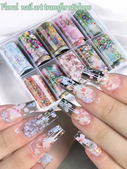 Pink And Green Floral Nail Transfer Stickers, Floral And Butterfly Pattern Nail Stickers, Elegant Spring Self-Adhesive Decorative Nail Stickers, Starry Sky Holographic DIY Transfer Foil Nail Stickers.