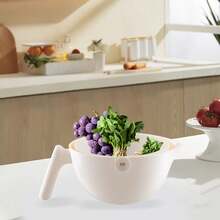 Double-Layer Plastic Vegetable Washing Basket - Versatile Fruit Drainer For Kitchen - Cream White Design - S - View 2