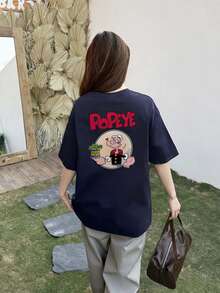 Navy Blue Contrast Cartoon Print Casual Loose Versatile Commuting Unisex Heavyweight All-Match Tee, Suitable For Students And Women, Spring/Summer - Navy Blue - View 2