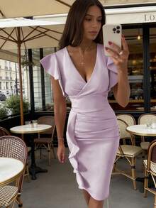 Women's Ruffle Trim Bodycon Midi Dress V Neck Flutter Sleeve Ruched Side Party Dress For Wedding Guest - Dusty Purple - View 2