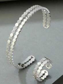 1 Set Retro Dual-Tone Electroplated Cubic Zirconia Striped Bracelet & Ring Set, Suitable For Women's Daily Wear - Style a Silver - View 2