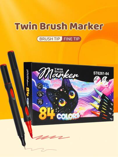 Bộ 12/84 bút màu nước hai đầu, đầu mềm + đầu cứng, bút dạ quang + bút kẻ viền, mực gốc nước dễ lau chùi, đồ dùng học tập thích hợp cho vẽ tranh, làm quà tặng, văn phòng phẩm, trường học.