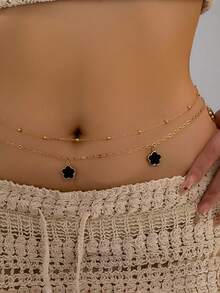 1件双层串珠链黑色五瓣花吊坠腰链，性感比基尼海滩度假饰品 - 黑色 - 查看 1