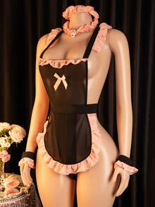 Sexy Sheer Maid Costume Set, Including Headband, Bell Collar, T-String, Maid Dress And Wristband - Black - View 3