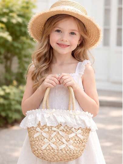 Girls' Straw Hat And Bow Decor Straw Bag Set - Summer Beach Sun Protection Flat Top Hat And Sweet Ruffle Lace Handbag, Vacation Accessory Set, Best Gift For Girls