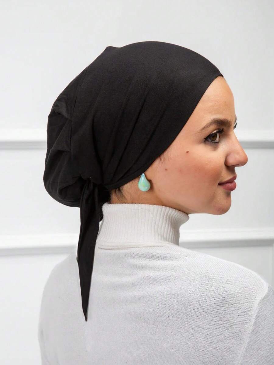1 pieza Gorra interior con banda elástica incorporada y correas de amarre, suave y suave, transpirable y absorbente del sudor, material elástico y resistente a las pelusas, adecuado para uso diario como capa base, playa, vacaciones - Negro - Ver 1